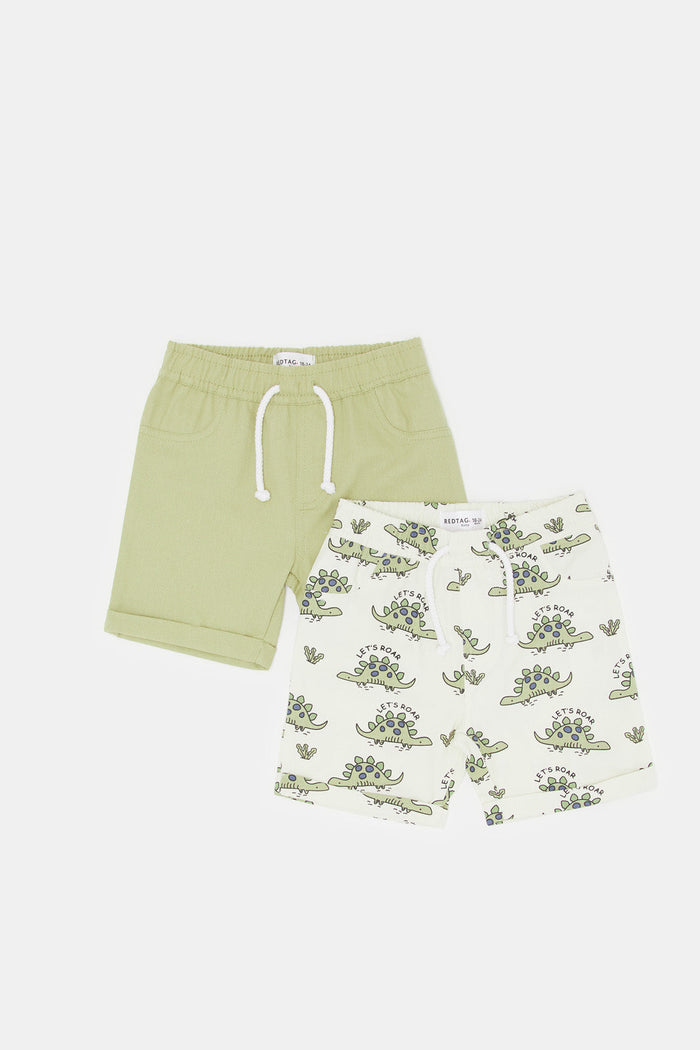 Redtag-Off-White-Dino-Aop-And-Sage-Solid-2-Pack-Twill-Shorts-Category:Shorts,-Colour:White,-Deals:New-In,-Filter:Infant-Boys-(3-to-24-Mths),-H1:KWR,-H2:INB,-H3:TRS,-H4:SRT,-INB-Shorts,-KWRINBTRSSRT,-New-In-INB,-Non-Sale,-ProductType:Bermuda-Shorts,-S23E,-Season:S23E,-Section:Boys-(0-to-14Yrs),-VLM-Infant-Boys-3 to 24 Months